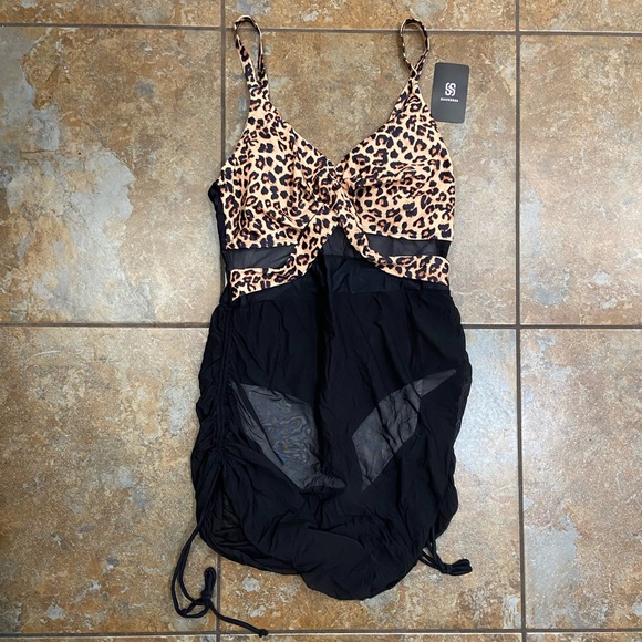 Leopard Print and Black Swimdress - Picture 2 of 9